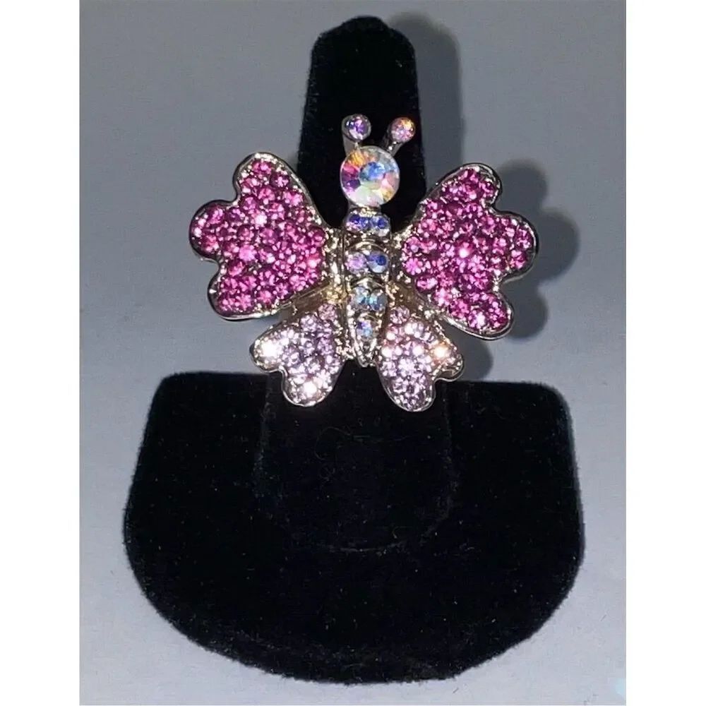 Vintage Pink Crystal Butterfly Ring Adjustable Fashion Jewelry